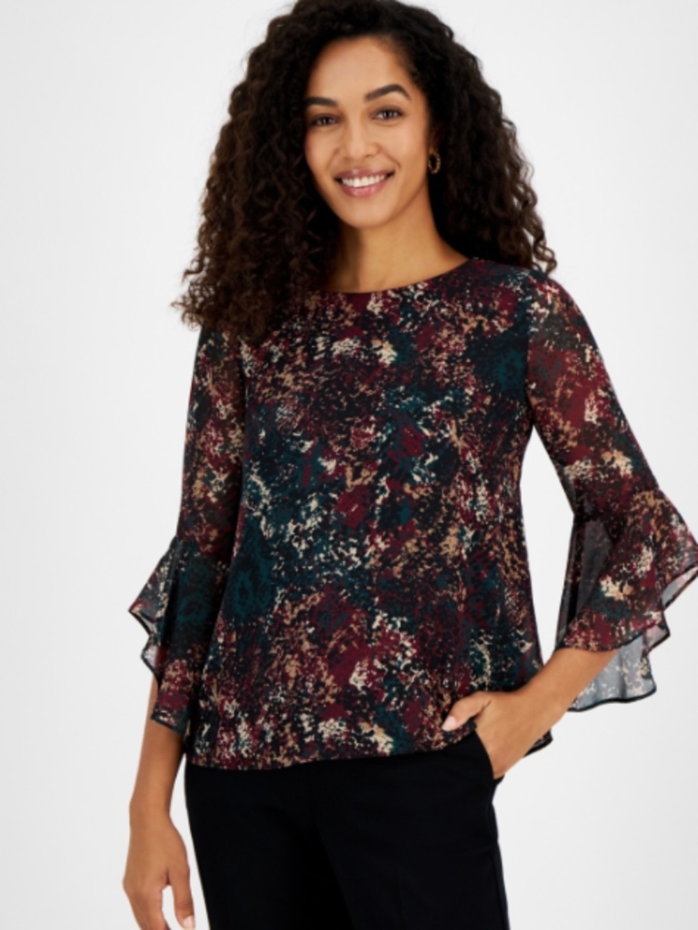 Kasper Women's Floral-Print Bell-Sleeve Ruffle Blouse - Evergreen Multi Small